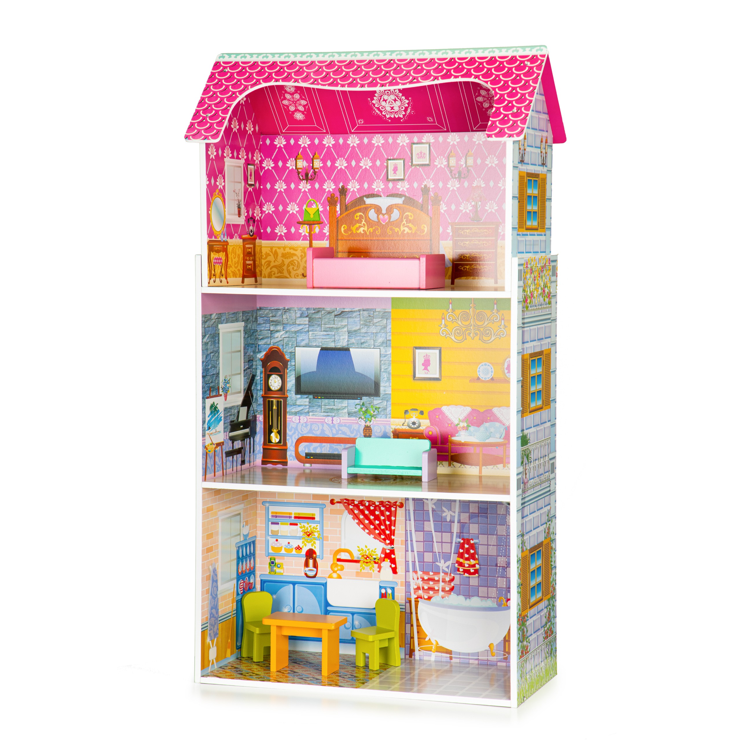 Casă de păpuși înaltă din lemn + mobilier ECOTOYS